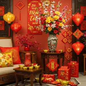 Ảnh décor phòng khách Tết với bình hoa tươi nhiều màu sắc, trang trí bằng đèn lồng và phụ kiện đỏ vàng.