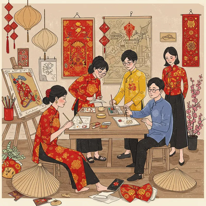 Tranh Tết tạo không khí ấm áp trong gia đình Việt Nam ngày xuân.