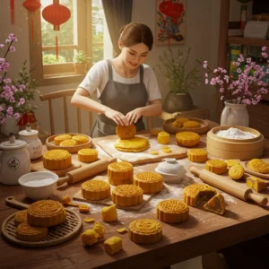 Bàn gỗ với dụng cụ làm bánh Trung Thu như khuôn, bột, bánh hoàn chỉnh và thiết bị hỗ trợ, ánh sáng ấm áp.