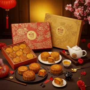 Hộp bánh Trung Thu sang trọng gồm bánh truyền thống và trà, thiết kế tinh tế nổi bật cảm giác quý phái.