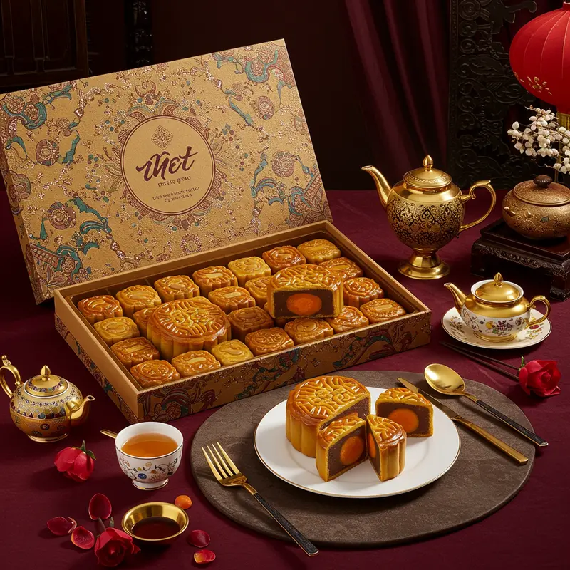 Hộp bánh Trung Thu cao cấp với thiết kế tinh xảo và nguyên liệu sang trọng.