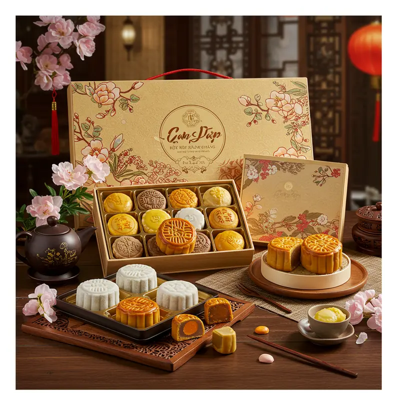 Bánh trung thu dẻo trắng tinh, hoa văn tinh xảo, phong cách truyền thống.