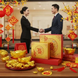 Hộp quà Tết sang trọng trên bàn làm việc với trang trí vàng truyền thống.