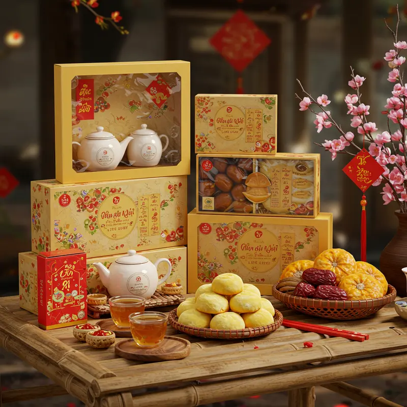 Hộp quà Tết giá rẻ với trà, mứt và bánh, bày trên bàn tre.