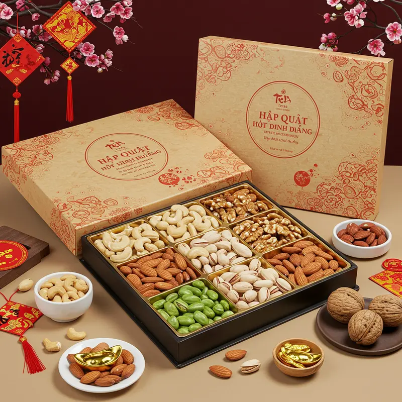Hộp quà Tết hạt dinh dưỡng đầy màu sắc và sang trọng.