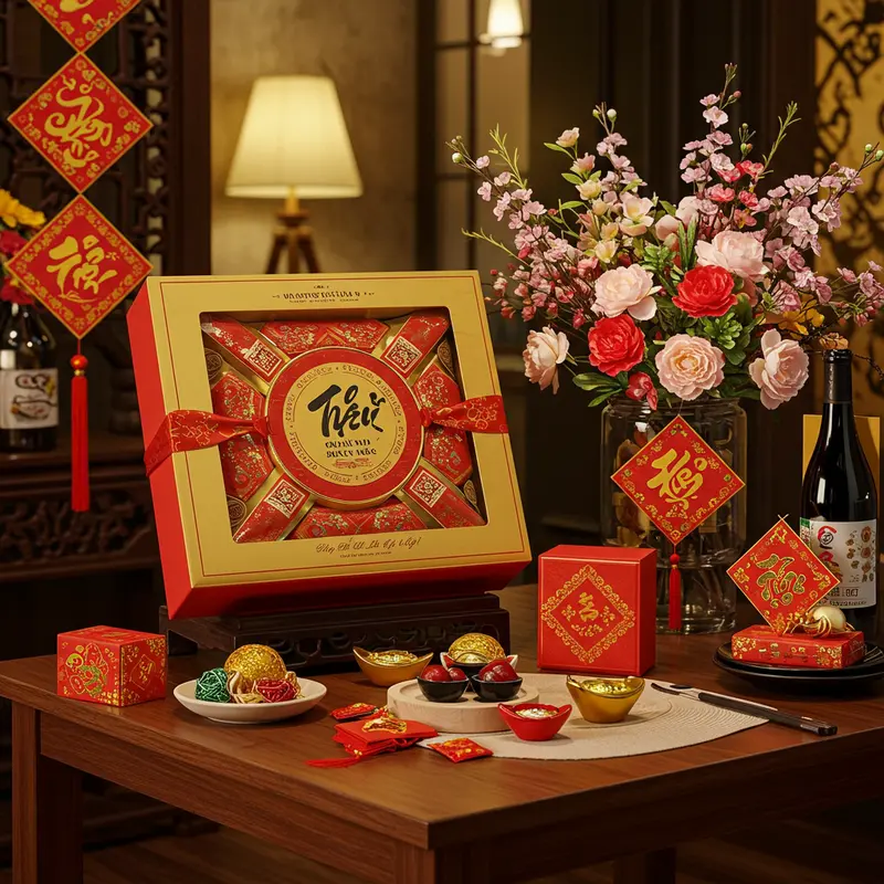 Hộp quà Tết rượu vang sang trọng giữa không gian trang trí truyền thống.