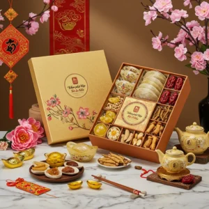 Hộp quà Tết vuông mở ra với các sản phẩm bổ dưỡng và hoa trang trí ngày Tết.