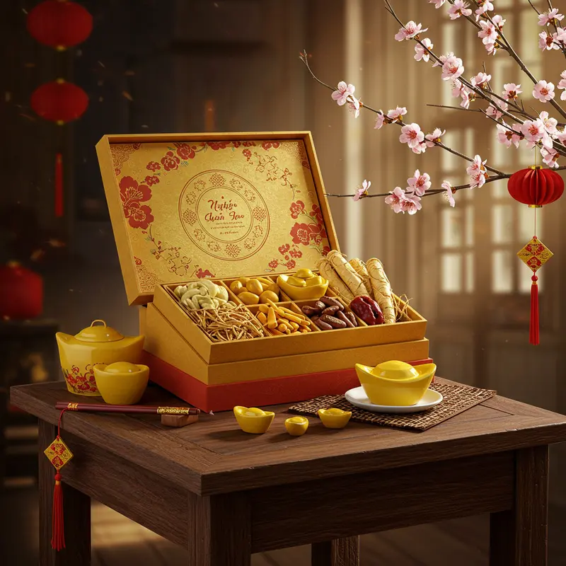 Hộp quà Tết sức khỏe bày biện bên hoa mai tươi sắc, tượng trưng cho sự cát tường.