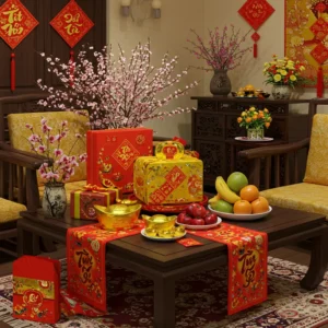 Hình hộp quà Tết bày biện trên bàn sơn mài với sắc mai vàng và không khí sum vầy ngày Tết.