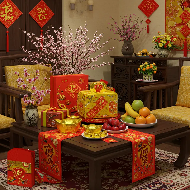 Hình hộp quà Tết bày biện trên bàn sơn mài với sắc mai vàng và không khí sum vầy ngày Tết.