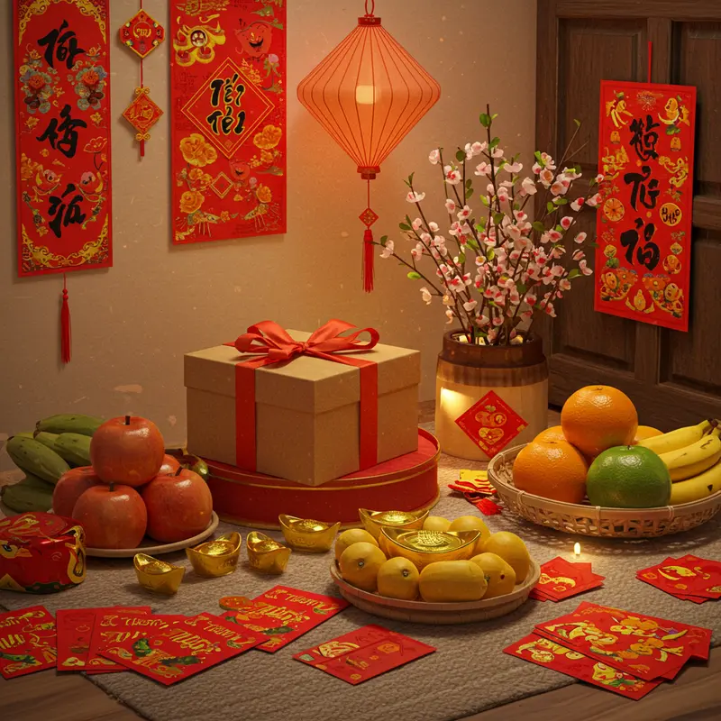 Hộp quà Tết tầm trung nổi bật giữa không gian đầm ấm ngày Xuân.