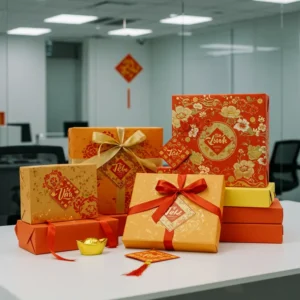 Hộp quà Tết sang trọng được bày biện đẹp trên bàn trong văn phòng hiện đại.