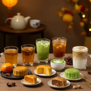 Bánh Trung thu nhân sáng tạo và nhiều loại trà, thức uống hiện đại bên nhau.