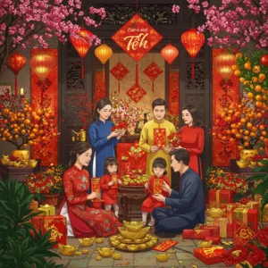 Phòng khách ngày Tết với đào, quất, đèn lồng, hộp quà, cả gia đình cùng sum họp, không khí hạnh phúc, chào đón năm mới.