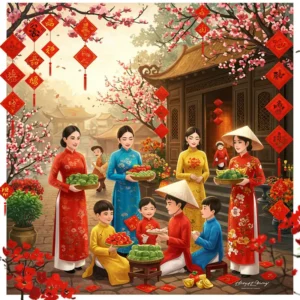 Hình ảnh không khí Tết cổ truyền Việt Nam với gia đình, hoa đào, bánh chưng, và trang trí rực rỡ.