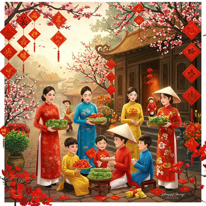 Hình ảnh không khí Tết cổ truyền Việt Nam với gia đình, hoa đào, bánh chưng, và trang trí rực rỡ.