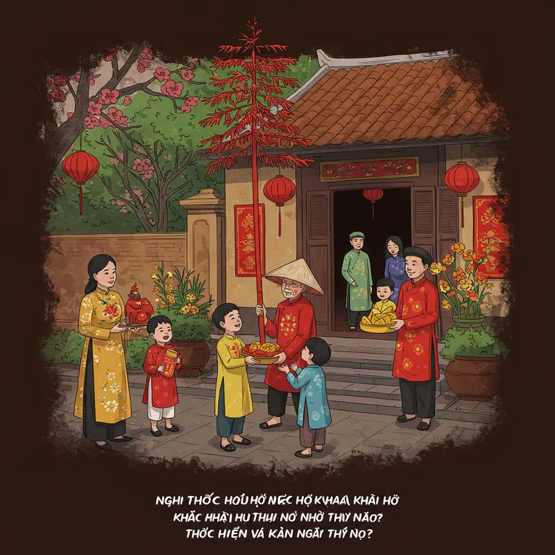 Cây nêu truyền thống dựng ở cổng làng dịp Tết.