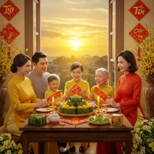 Gia đình nhiều thế hệ cùng chung vui bên bàn tiệc Tết Nguyên Đán, bánh chưng và nến lung linh.