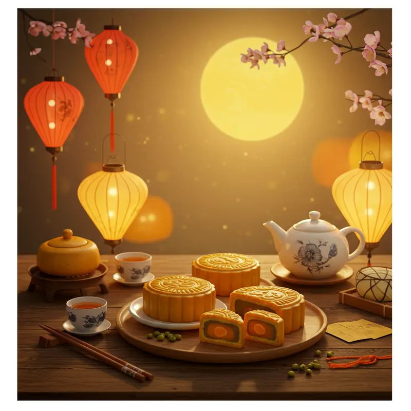 Bánh nướng Trung Thu nhân đậu xanh trứng muối và khung cảnh truyền thống dịp Tết Trung Thu