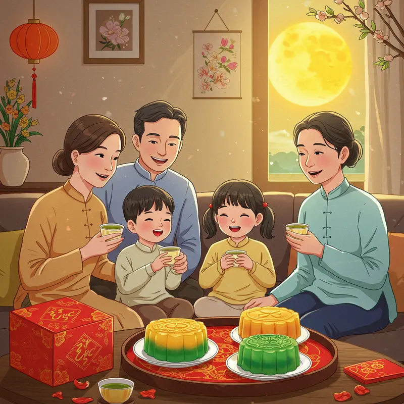 Bàn trà Trung Thu với bánh trung thu rau câu và đèn lồng truyền thống