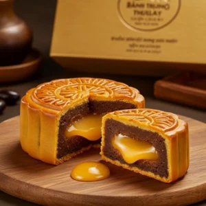 Bánh trung thu lava nhập khẩu với lớp nhân tan chảy vàng óng và hộp đựng tinh xảo.