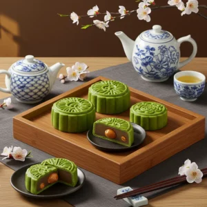 Khay gỗ với bánh trung thu mochi trà xanh trang trí đẹp, bên cạnh đồ gốm Nhật và cành hoa.