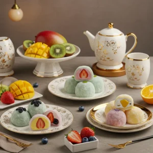 Khay mochi trái cây đủ màu sắc và nhân dâu, việt quất, xoài, bày trên đĩa sứ sang trọng.