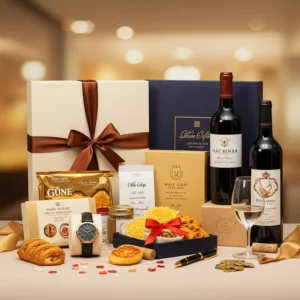 Những món quà sinh nhật cao cấp, sang trọng được sắp xếp hài hòa trên nền phong cách doanh nhân.