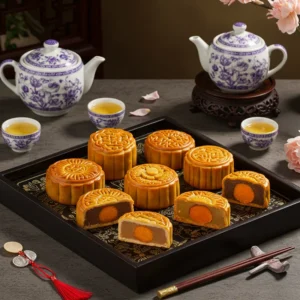 Bánh Trung Thu nhân yến sào, vi cá, bào ngư, bày biện sang trọng trên khay vuông.