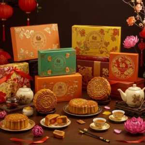 Nhiều hộp bánh Trung Thu sang trọng được bài trí tinh tế cùng phụ kiện trà và hoa truyền thống.