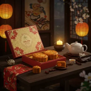 Hình ảnh hộp bánh trung thu cao cấp mở, đặt trên bàn truyền thống với đèn lồng và bộ trà.