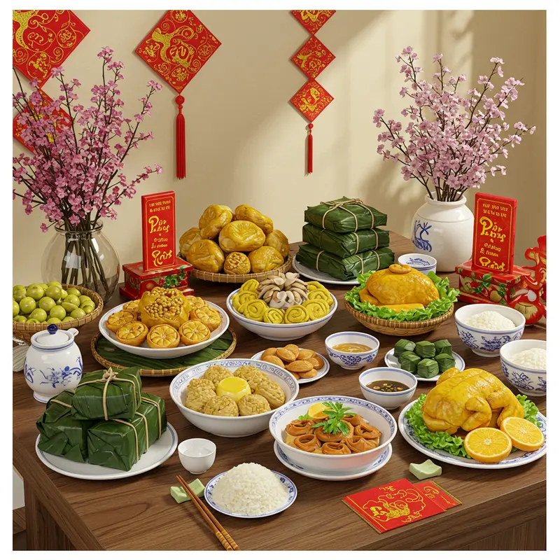 Khung cảnh làng quê rực rỡ ngày Tết, mọi người sum họp bên mai đào và câu đối đỏ.