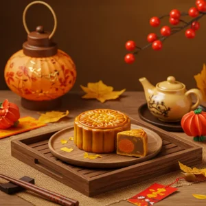 Bánh Trung Thu truyền thống đặt trên khay gỗ với đèn lồng và lá mùa thu, ánh sáng vàng ấm áp thể hiện không khí Tết Trung Thu