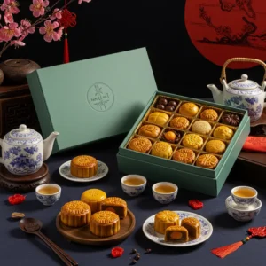 Bánh trung thu mini trong hộp đẹp mắt cùng ấm chén và trang trí Trung Thu truyền thống.
