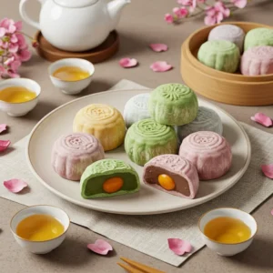 Đĩa bánh Trung Thu mochi dẻo lạnh, đầy đủ màu sắc và nhân, bên cạnh tách trà và hoa trang trí.
