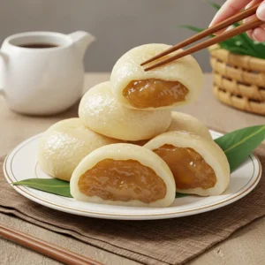 Bánh mochi vỏ dẻo dai được bày đẹp mắt trên đĩa, ánh sáng tự nhiên làm nổi bật màu sắc tươi mới.
