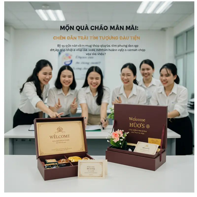 Hộp quà chào mừng nhân viên mới được trang trí đẹp, kèm thiệp và hoa đặt trên bàn làm việc hiện đại.