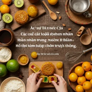 Bàn bếp với các nguyên liệu mứt trái cây nhiều màu sắc và dụng cụ làm bánh Trung Thu được chuẩn bị.