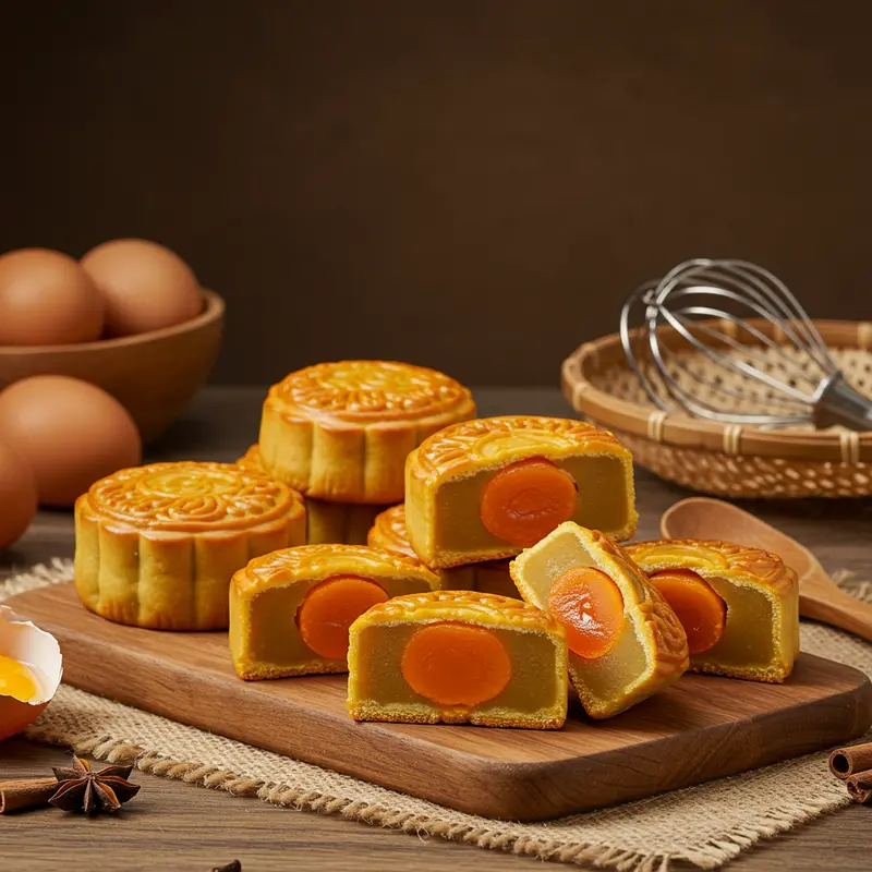 Bàn gỗ cổ điển với những chiếc bánh Trung Thu đã được cắt lộ nhân trứng muối màu vàng cam, xung quanh là trứng muối và dụng cụ làm bánh