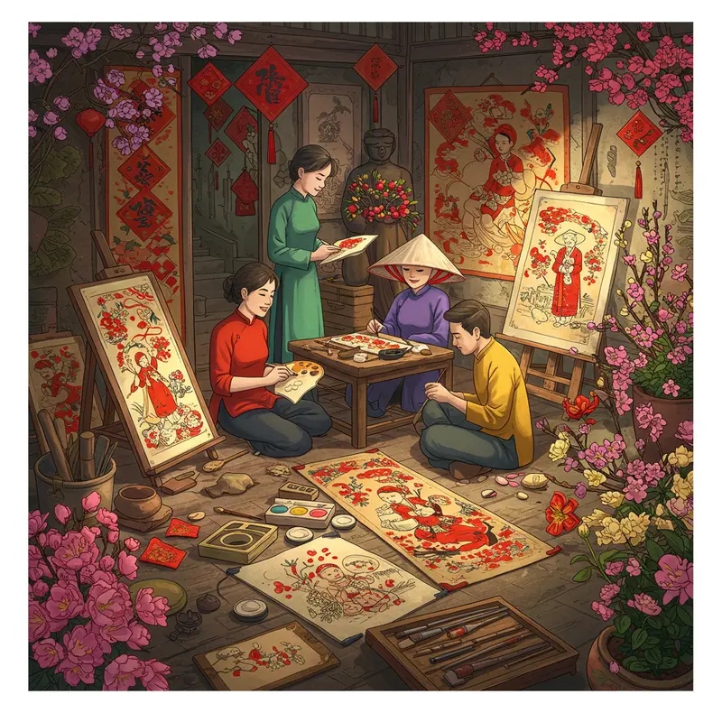 Hình ảnh nghệ nhân trẻ và già cùng sáng tác tranh Tết Đông Hồ và Hàng Trống trong xưởng nghệ thuật truyền thống Việt.