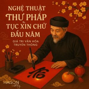 Một nghệ nhân nối truyền thống Việt Nam đang viết thư pháp bằng bút lông trên giấy trắng.