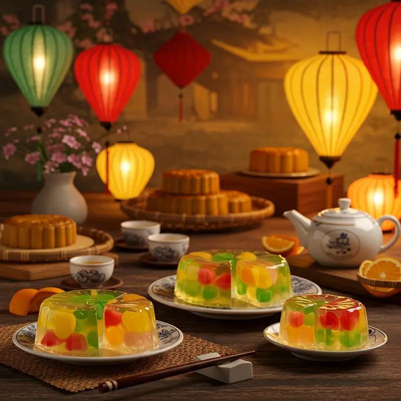 Bàn trà Trung Thu với bánh trung thu rau câu và đèn lồng truyền thống