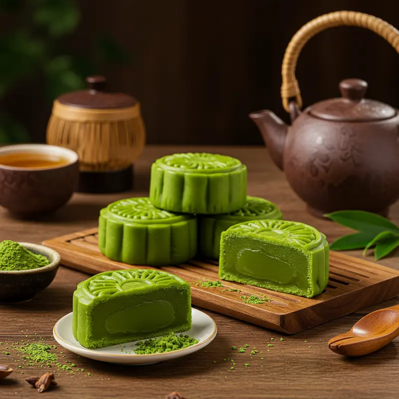 Bánh trung thu nhân trà xanh với sắc xanh đặc trưng, thể hiện nét văn hóa truyền thống pha lẫn hiện đại.