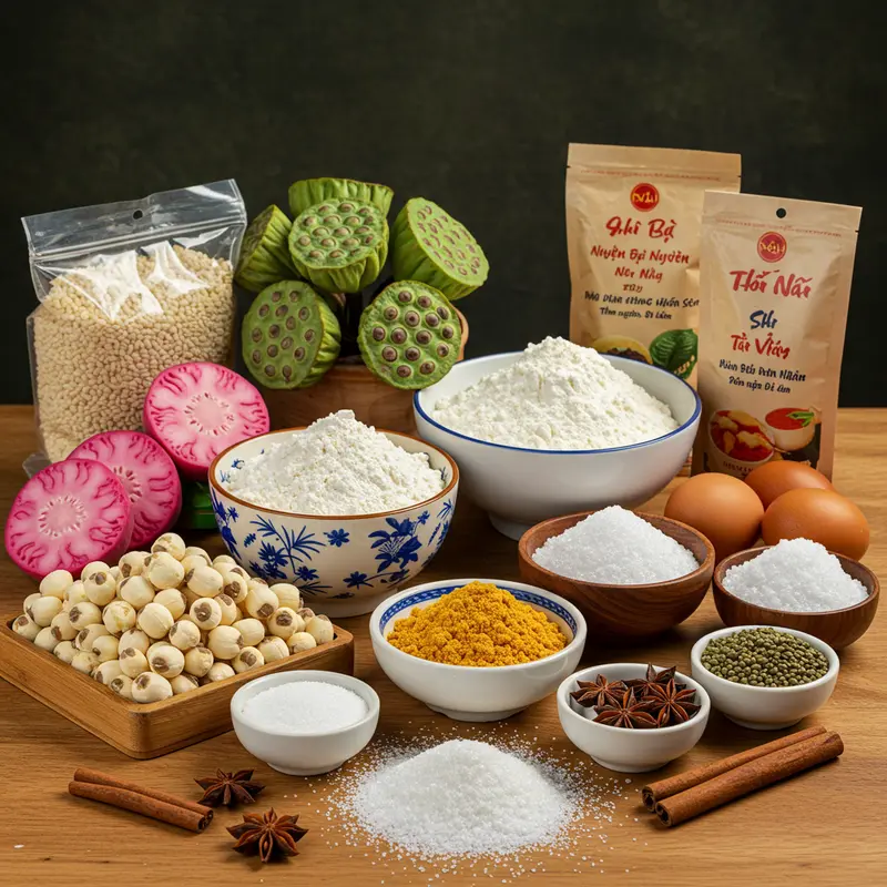 Nguyên liệu tươi ngon chuẩn bị sẵn sàng cho bánh nướng nhân hạt sen.