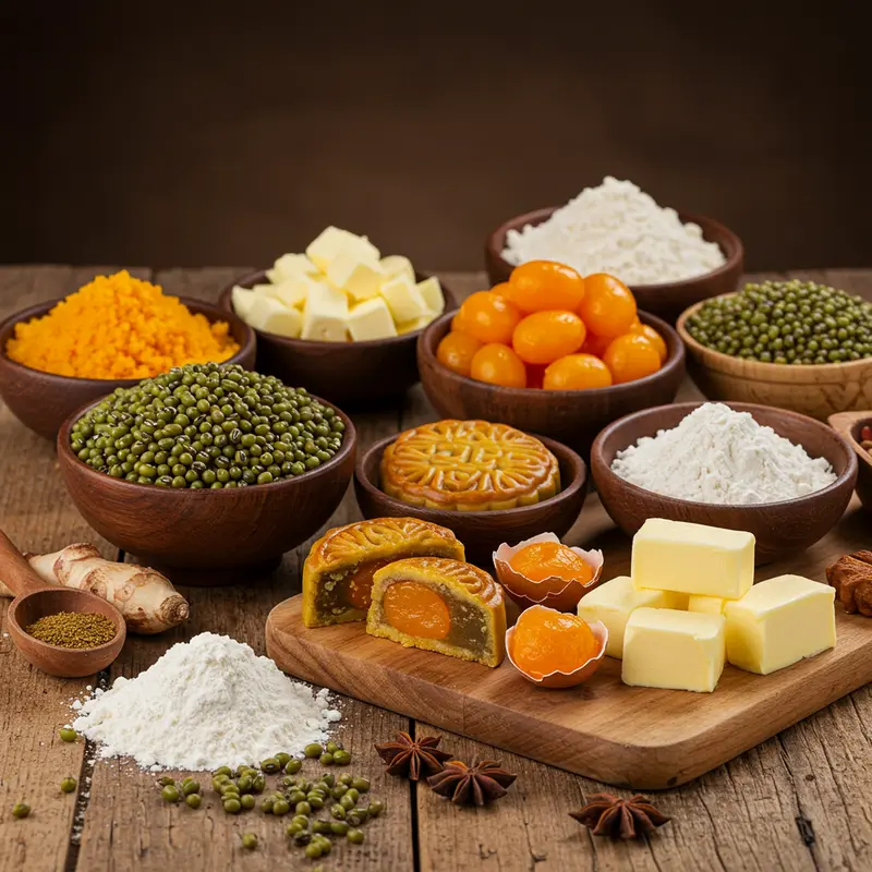 Bánh nướng Trung Thu nhân đậu xanh trứng muối và khung cảnh truyền thống dịp Tết Trung Thu