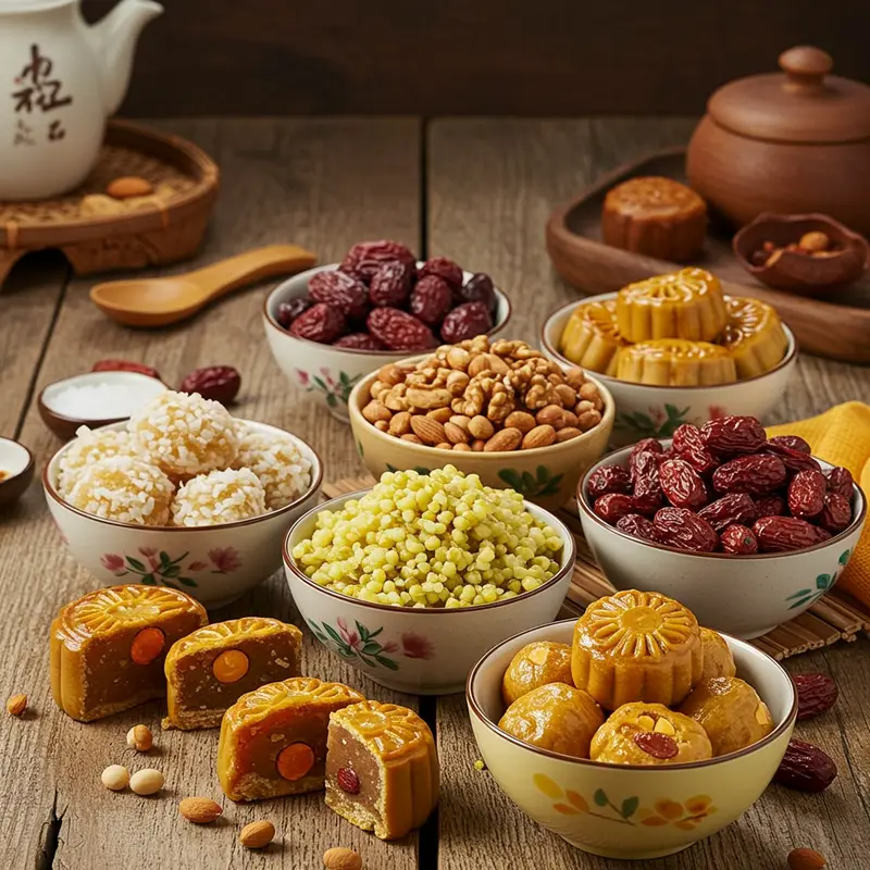 Các nguyên liệu chay tự nhiên chuẩn bị cho làm bánh Trung Thu chay.