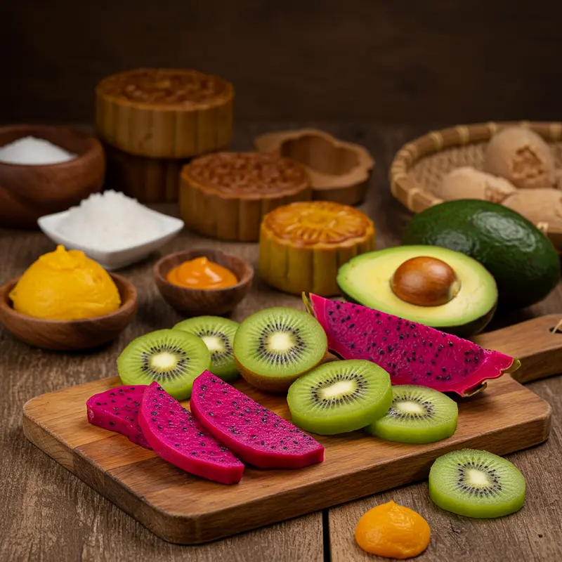 Các loại trái cây tươi làm nhân bánh trung thu phổ biến gồm thanh long, kiwi và bơ.