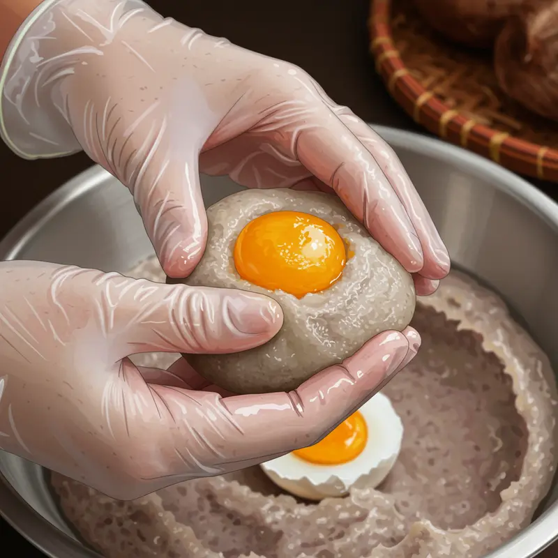 Nguyên liệu tươi ngon, chuẩn bị sẵn sàng cho bánh mochi khoai môn trứng muối.