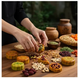 Cận cảnh tay trộn nhân bánh Trung Thu từ hạt, đậu, trái cây sấy hữu cơ trên bàn gỗ.