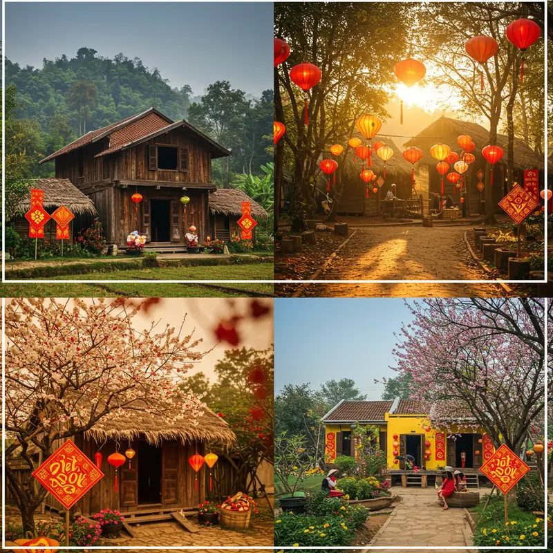 Cây nêu truyền thống dựng ở cổng làng dịp Tết.